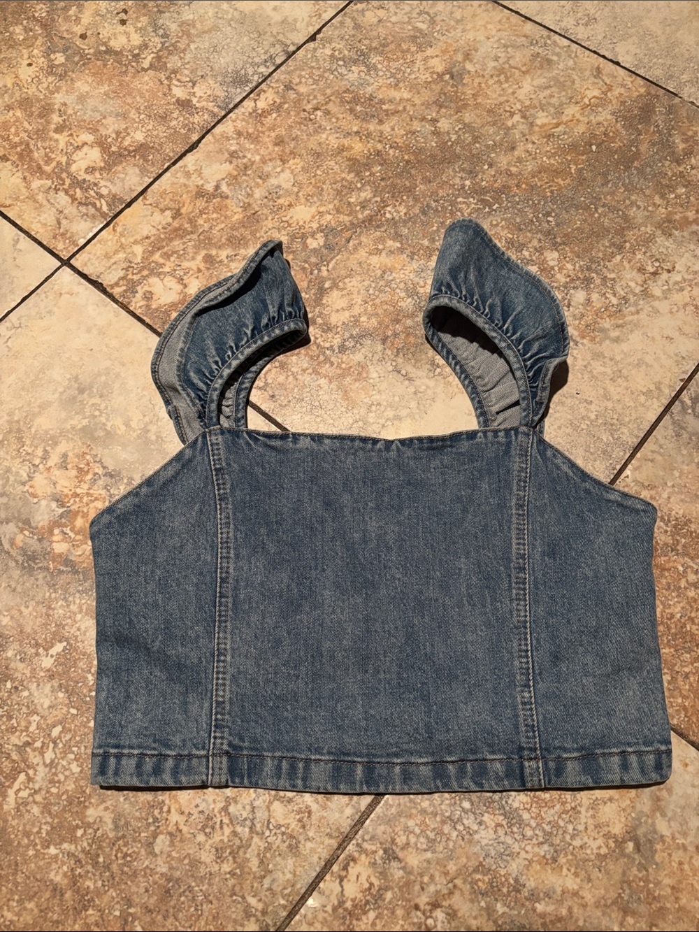 Alice + Olivia Denim Blue Ruffle Strap Crop Top